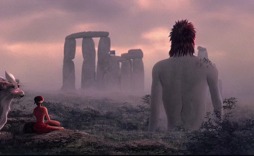 Prompt: movie still from princess mononoke ( 1 9 9 7 ) showing a highly detailed landscape with a giant long - haired buddha in lotus position with stonehenge in the background. 1 9 8 0 s science fiction, 1 9 7 0 s science fiction, cyberpunk, moody, misty, depth perception, 4 k, artstation