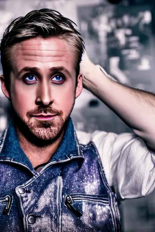 Image similar to Ryan Gosling with silver-violet hair, white eyes inflated press and denim glittery vest, wide lens, diorama, 4k,