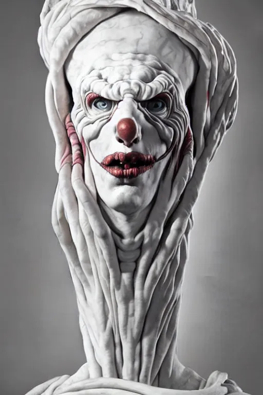 Image similar to Epic view of intricate Veiled Clown with twisted neck statue sculpted on white marble by Antonio Corradini, Wayne Barlowe and Artem Demura