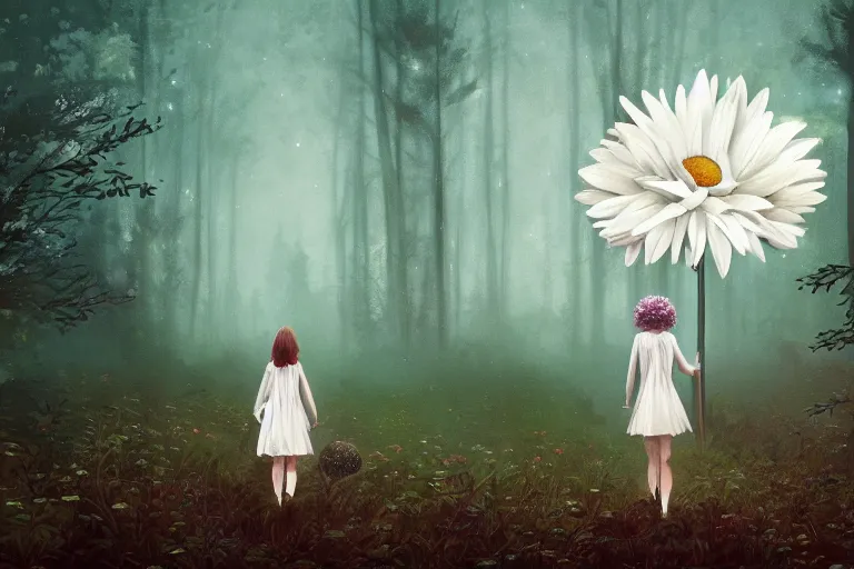 Image similar to giant white daisy flower head, girl walking in dark forest, surreal photography, dark night, stars, moon light, impressionist painting, clouds, digital painting, artstation, simon stalenhag