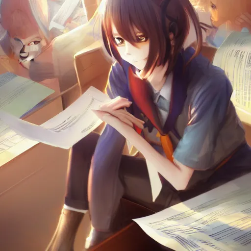 Image similar to anime portrait of schoolars holding on to their papers by Stanley Artgerm Lau, WLOP, Rossdraws, James Jean, Andrei Riabovitchev, Marc Simonetti, and Sakimichan, trending on artstation