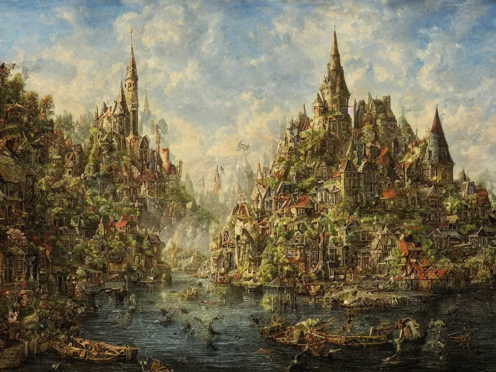 Image similar to an old small enchanted fantasy town, viewed from the harbor, by jean - baptist monge,