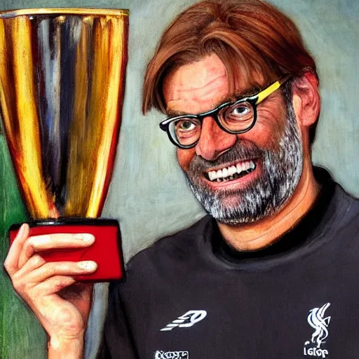 Image similar to jurgen klopp holding up a hot dog eating trophy, portrait by john william waterhouse and edwin longsden long and theodore ralli and nasreddine dinet, oil on canvas. cinematic, vivid colors, hyper realism, realistic proportions, dramatic lighting, high detail 4 k