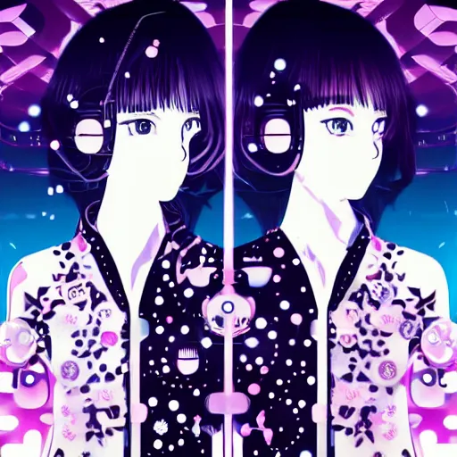 Image similar to ai yazawa cover illustration of very symmetrical portrait of woman in a steetwear illustration of cute cool fashion worn in the far future with glowing led lights and plants, futuristic!!! haute couture fashion!!!!, nanotechnology and cybernetics!!! and solar power and prosthetic, detailed elegant manga illustration intaglio
