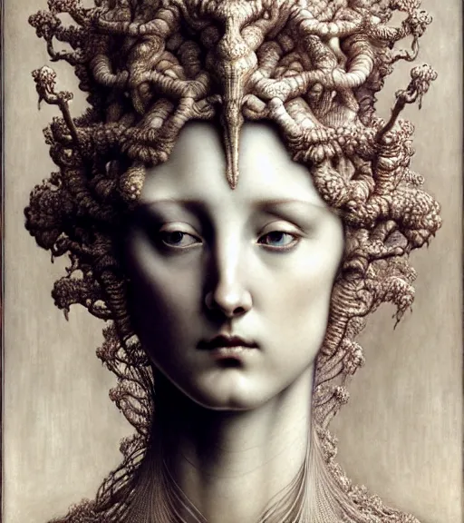 Image similar to detailed realistic beautiful porcelain goddess face portrait by jean delville, gustave dore, iris van herpen and marco mazzoni, art forms of nature by ernst haeckel, art nouveau, symbolist, visionary, gothic, neo - gothic, pre - raphaelite, fractal lace, intricate alien botanicals, biodiversity, surreality, hyperdetailed ultrasharp octane render