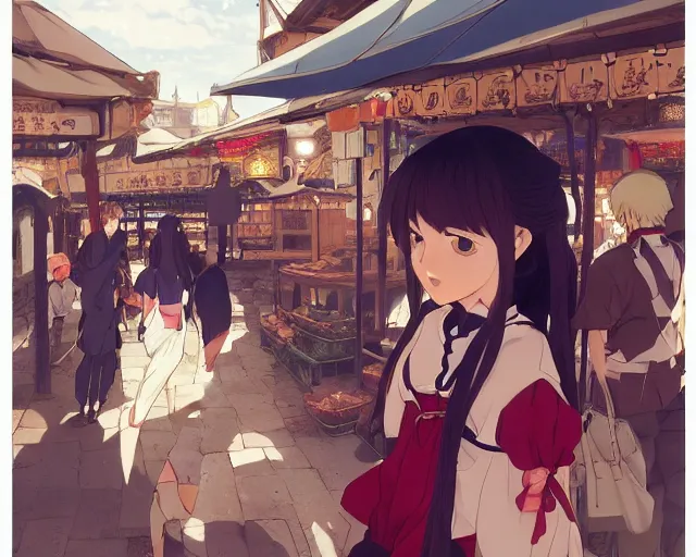 Prompt: anime visual, portrait of a young female traveler in an open medieval market shopping, cute face by yoh yoshinari, katsura masakazu, dynamic pose, dynamic perspective, strong silhouette, anime cels, ilya kuvshinov, cel shaded, crisp and sharp, rounded eyes, moody