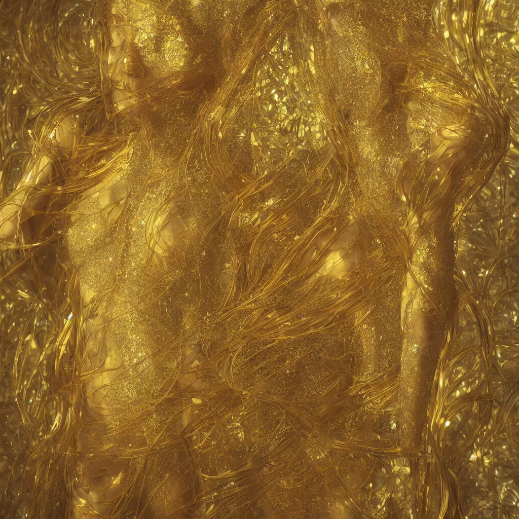 Image similar to human body with thin golden lines, transparent crystals and textiles, Art Nouveau, Alphonse Mucha, cinematic realistic photo, octane render