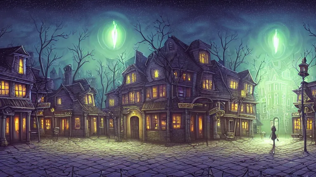 Image similar to empty lovecraftian town square surrounded by houses and inns. lovecraftian city at night by cyril rolando and naomi okubo and dan mumford and ricardo bofill. lovecraft. cobbled streets. oil lamp posts. lovecraftian statues. starry night sky. cthulhu.