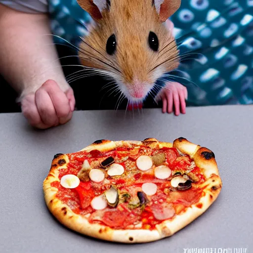 Image similar to detailed photo of a hamster eating pizza, various poses, full body, daylight, 8 k