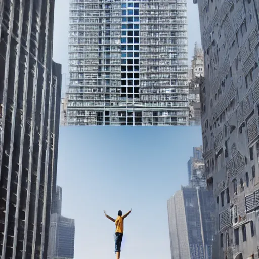 Image similar to a person standing on top of a tall building, a stock photo by Thomas Struth, shutterstock contest winner, superflat, national geographic photo, hyper realism, behance hd -1024