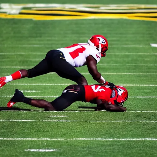 Image similar to lamar jackson standing on top of the body of tj watt