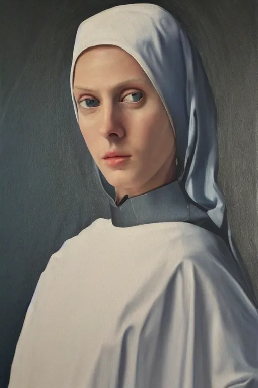 Image similar to hyperrealism oil painting, close - up portrait of european medieval nun albino fashion model, knight, steel gradient mixed with nebula sky, in style of baroque