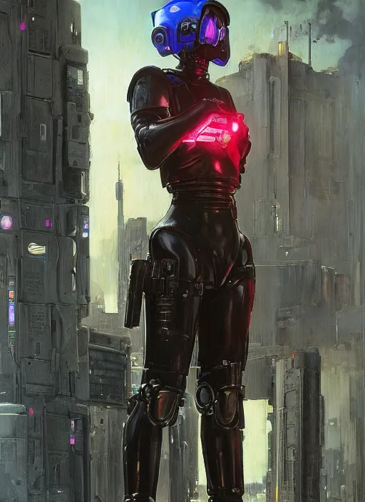 Image similar to Sgt Sara Grim. Menacing Cyberpunk police trooper wearing a combat vest and towering with robotic legs. (dystopian, police state, Cyberpunk 2077, bladerunner 2049). Iranian orientalist portrait by john william waterhouse and Edwin Longsden Long and Theodore Ralli and Nasreddine Dinet, oil on canvas. Cinematic, vivid colors, hyper realism, realistic proportions, dramatic lighting, high detail 4k