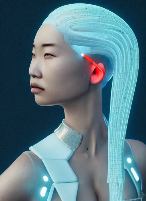 Prompt: an asian female humanoid with freckled cheeks, cyber neon lighting, futurism, intricate futuristic led fashion jewelry, cyberpunk glossy white latex swimwear, profile posing, hyper photorealistic, crispy quality, digital photography, trending in artstation, trending in pinterest, cinematic, 4 k ultra hd, art by pascal blanche, art by greg rutkowski,