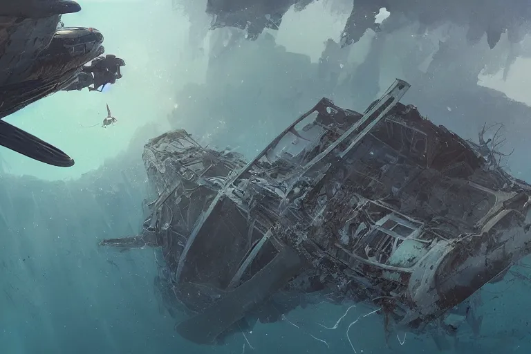 Prompt: a matte painting of a scavenger explorer floating in some water underneath old wreckage of a crashed space ship on a hot day, by alejandro burdisio, trending on cgsociety