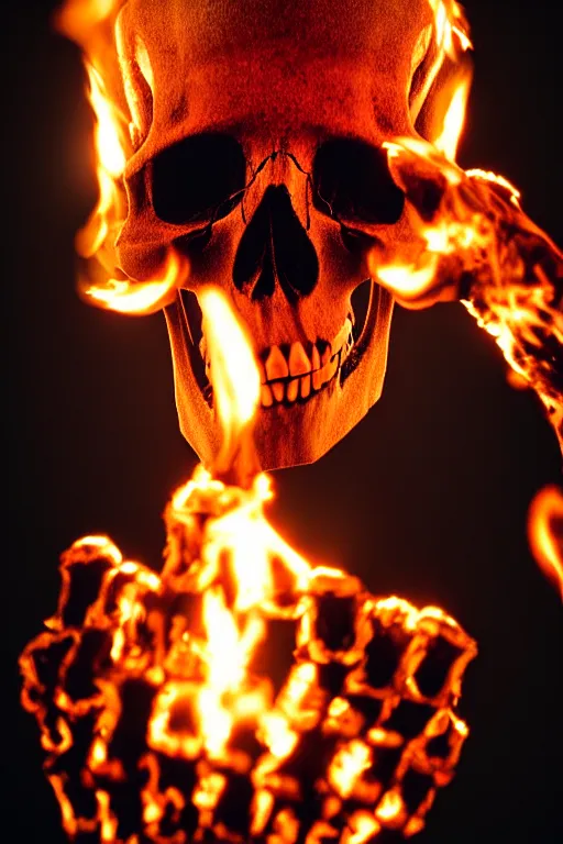 Prompt: photograph of a skull burning while being held up by a skeletal hand photorealistic, hyperdetailed, volumetric light, cinematic, f 8 aperture