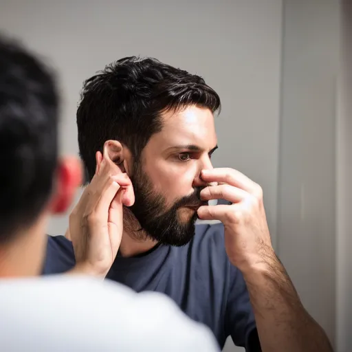 Image similar to professional direct photograph of a man examining his face in the mirror