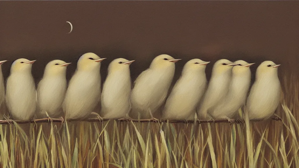 Prompt: a row of fat bearded reedlings, oil painting, midnight, moonlight, full moon, highly detailed, hyper realistic