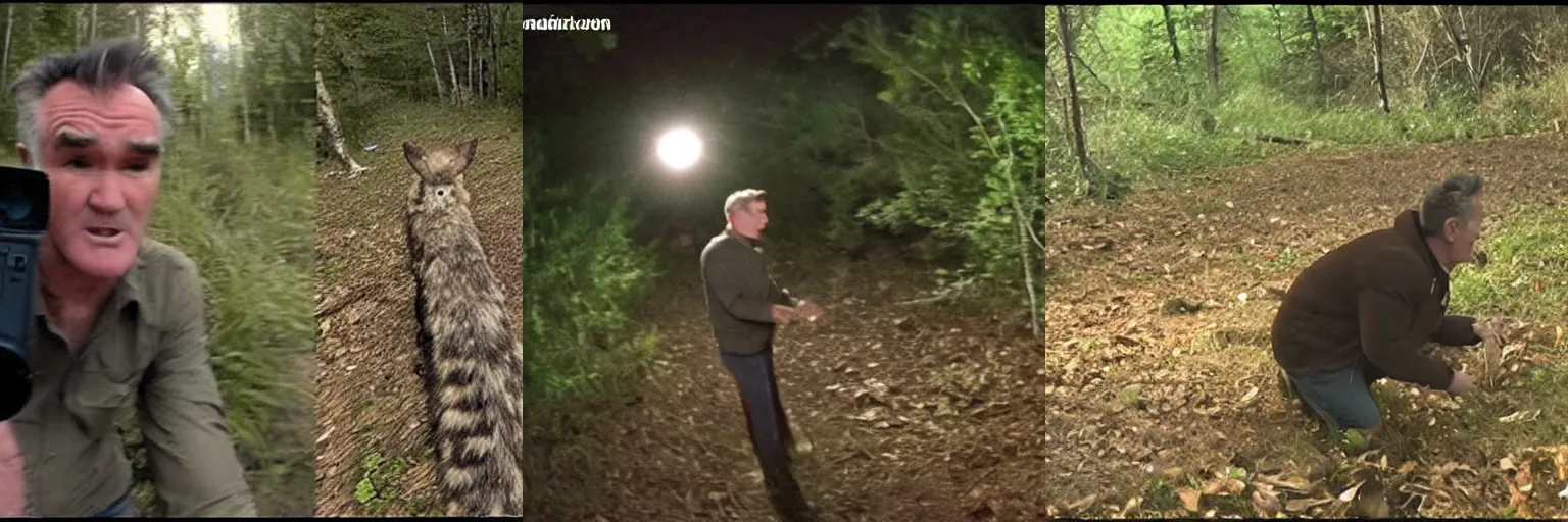 Prompt: trailcam footage of morrissey hunting an animal at night