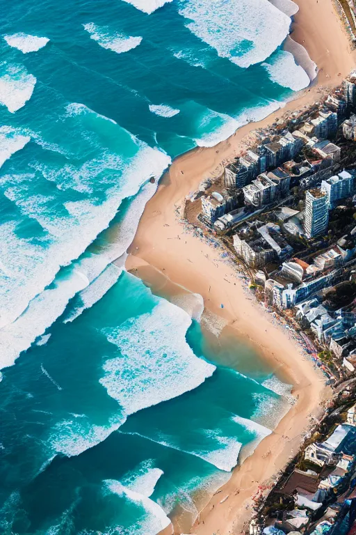 Prompt: Aerial Photo of Bondi Beach, sunrise, turquoise water, volumetric lighting, summer, Cinematic, award winning, photo print.