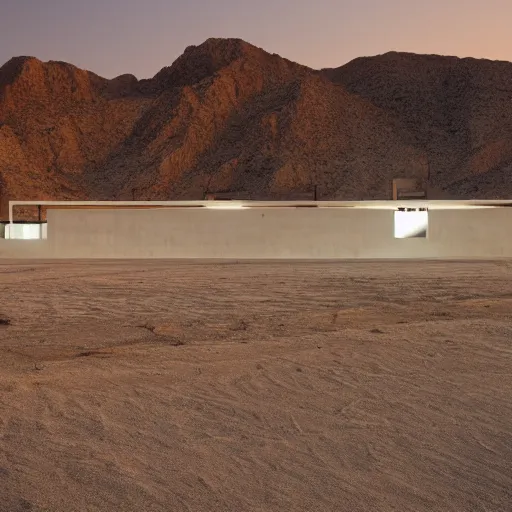 Prompt: concrete structure in the desert at night, neon lights, minimalist architecture, james turrel,