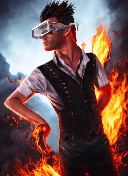 Image similar to An epic fantasy comic book style portrait painting of young man with red spiked long hair, using googles. Wearing a black waistcoat, white shirt. Fire on his hands. Unreal 5, DAZ, hyperrealistic, octane render, cosplay, RPG portrait, dynamic lighting