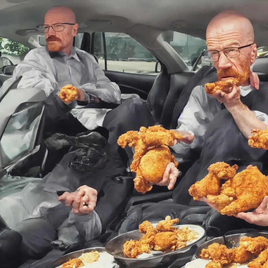 Prompt: photo of walter white sitting in a car, surprised soyjak face, surrounded by fried chicken, mukbang video, youtube video, soyface!!!, hd