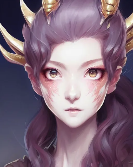 Image similar to character concept art of a woman with dragon horns and wings | | very anime, dragon scales, cute - fine - face, pretty face, realistic shaded perfect face, fine details by stanley artgerm lau, wlop, rossdraws, james jean, andrei riabovitchev, marc simonetti, and sakimichan, tranding on artstation