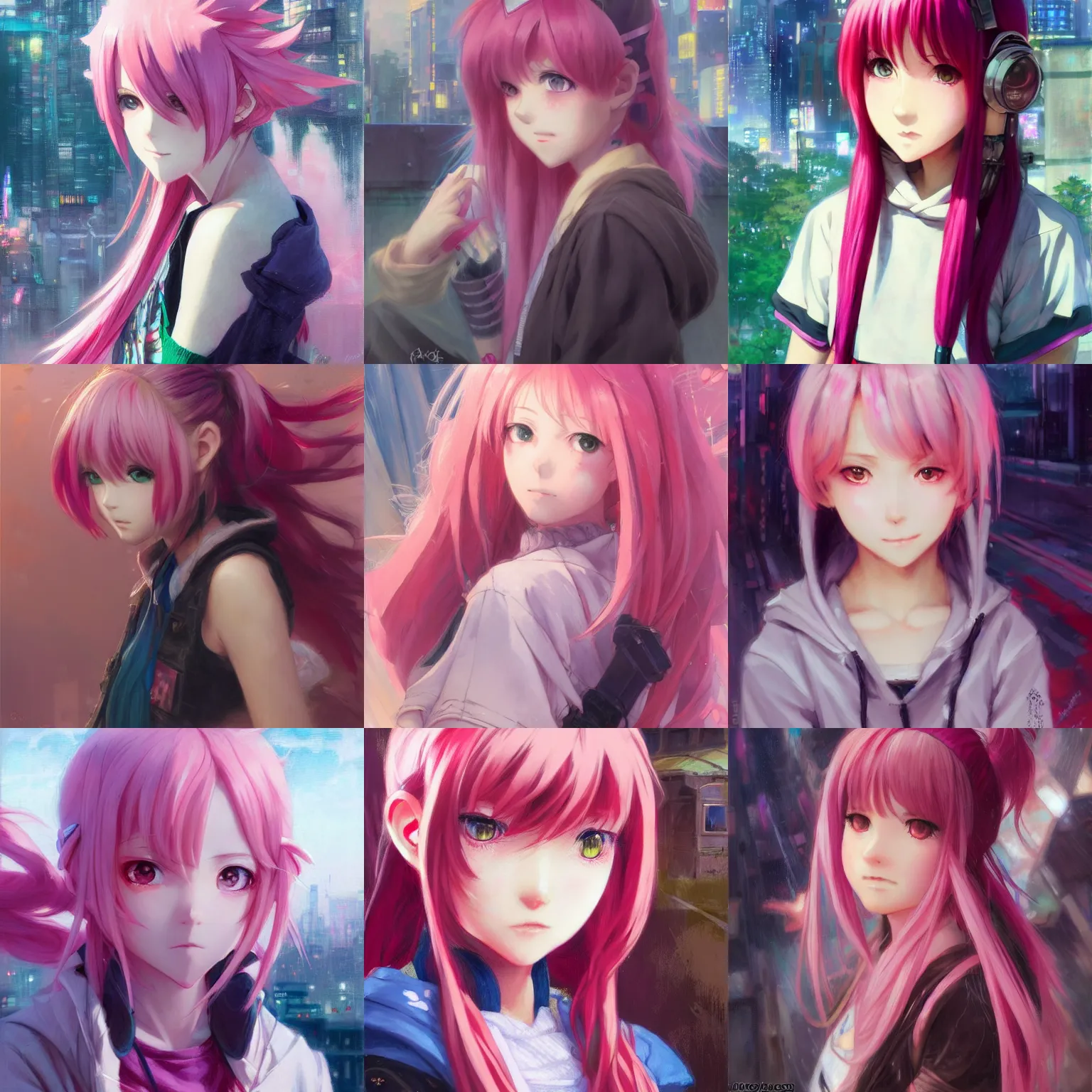 Prompt: cute anime girl portraits, pink hair, twintails, wearing hoodie, anime, standing in a cyberpunk city, painting by gaston bussiere, craig mullins, j. c. leyendecker, trending on pixiv fanbox, studio ghibli, extremely high quality artwork