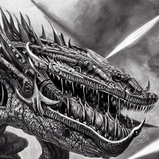 Image similar to cyborg dragon breathing fire concept art by H.R. Giger, extremely detailed, centered, full body 4k