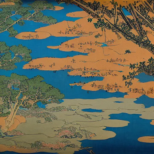 Prompt: a painting of a map landscape with a lot of trees and communities, a detailed painting from above by mikhail vrubel, katsushika hokusai, tom thomson, polycount contest winner, space art, detailed painting, ukiyo - e, apocalypse landscape