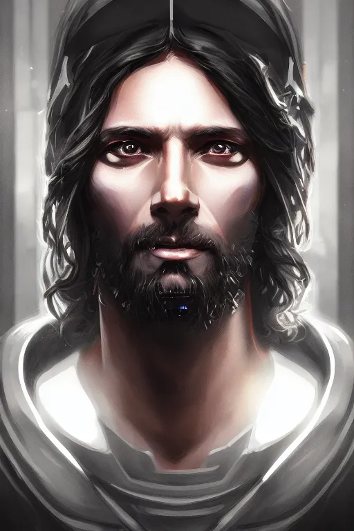 Image similar to a portrait of cyberpunk jesus, grim - lighting, high - contrast, intricate, elegant, highly detailed, digital painting, artstation, concept art, smooth, sharp focus, illustration