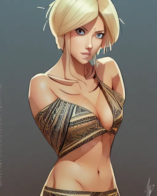 Prompt: blond woman in a tribal ripped dress, by artgerm, by studio muti, greg rutkowski makoto shinkai takashi takeuchi studio ghibli