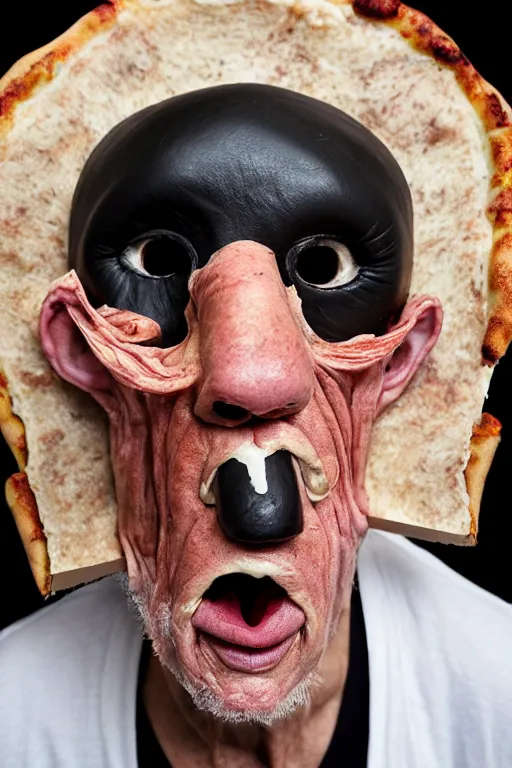 Image similar to portrait photo of an old wrinkled man, skinny face, bony face, long crooked nose, large gaping mouth, black pulcinella mask, masquerade mask, pointy conical hat, white wrinkled shirt, holding up a pizza, presenting a large pizza, close - up, skin blemishes, menacing, intimidating, masterpiece by jimmy nelson