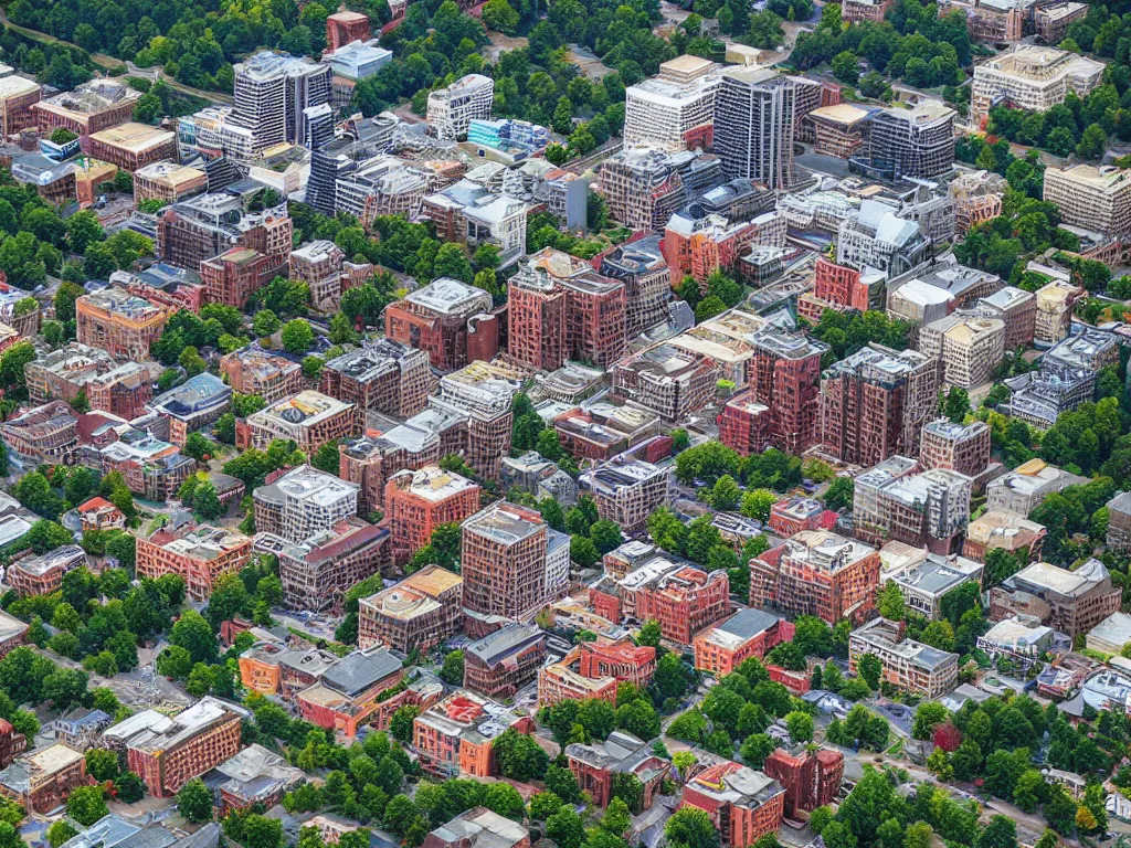 Prompt: “ aerial image of downtown asheville nc in the style of sim city 2 0 0 0 ”