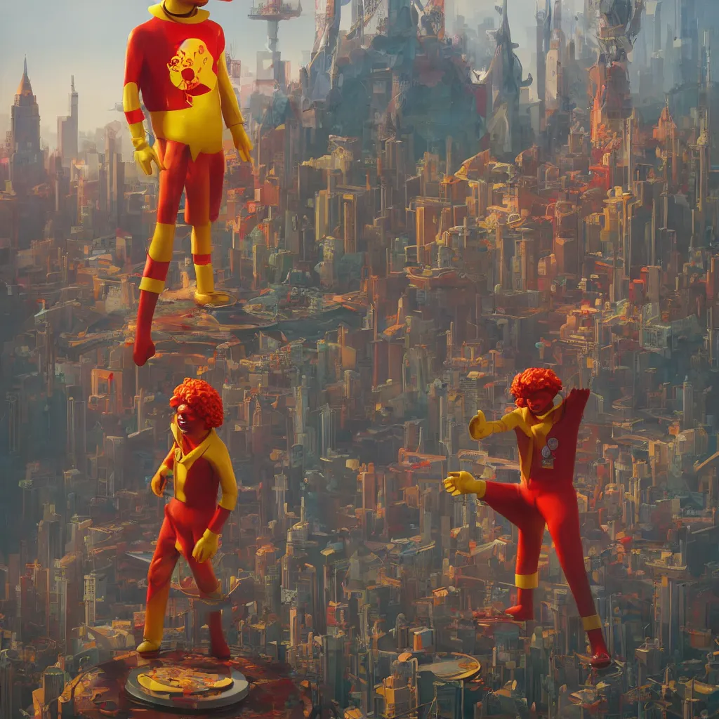 Image similar to ronald mcdonald statue in the world by beeple, darek zabrocki, tyler edlin, jordan grimmer, neil blevins, james paick, natasha tan, highly detailed, ultra detailed, ultra realistic, trending on artstation