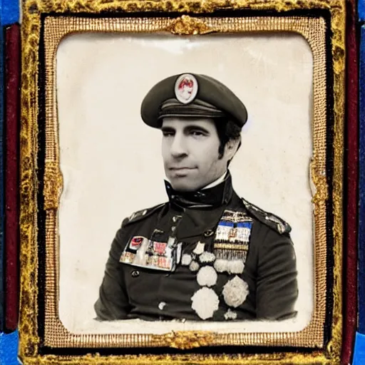 Image similar to daguerreotype portrait of jeffery epstein wearing an army uniform, very detailed, very intricate,