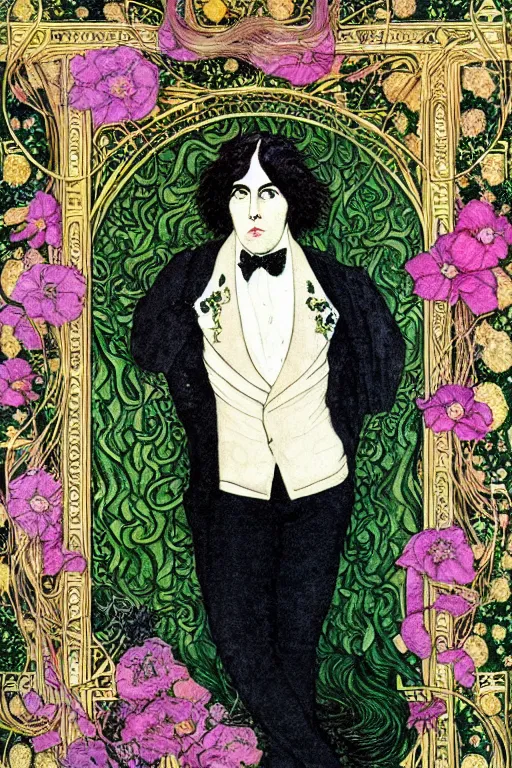 Prompt: realistic portrait of oscar wilde in the center of an ornate frame of dark flowers, detailed art by kay nielsen and walter crane, illustration style, watercolor