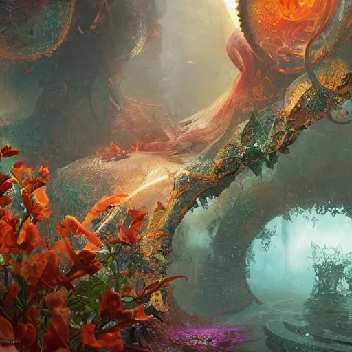 Image similar to dreamlike primordial garden fantasycore, glossy painting, Art Nouveau Cosmic 4k Detailed Matte Illustration featured on Getty Images ,CGSociety, Jade and Carrot orange color scheme, Pastiche by Marc Simonetti, Pastiche by Cedric Peyravernay