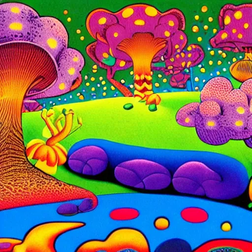 Image similar to psychedelic couch in the lush forest, planets, flowers, mushrooms milky way, sofa, cartoon by carl barks and eric carle