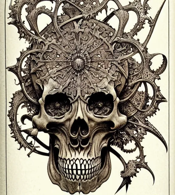 Image similar to memento mori by arthur rackham, art forms of nature by ernst haeckel, exquisitely detailed, art nouveau, gothic, ornately carved beautiful skull dominant, intricately carved antique bone, art nouveau botanicals, ornamental bone carvings, art forms of nature by ernst haeckel, horizontal symmetry, arthur rackham, ernst haeckel, symbolist, visionary