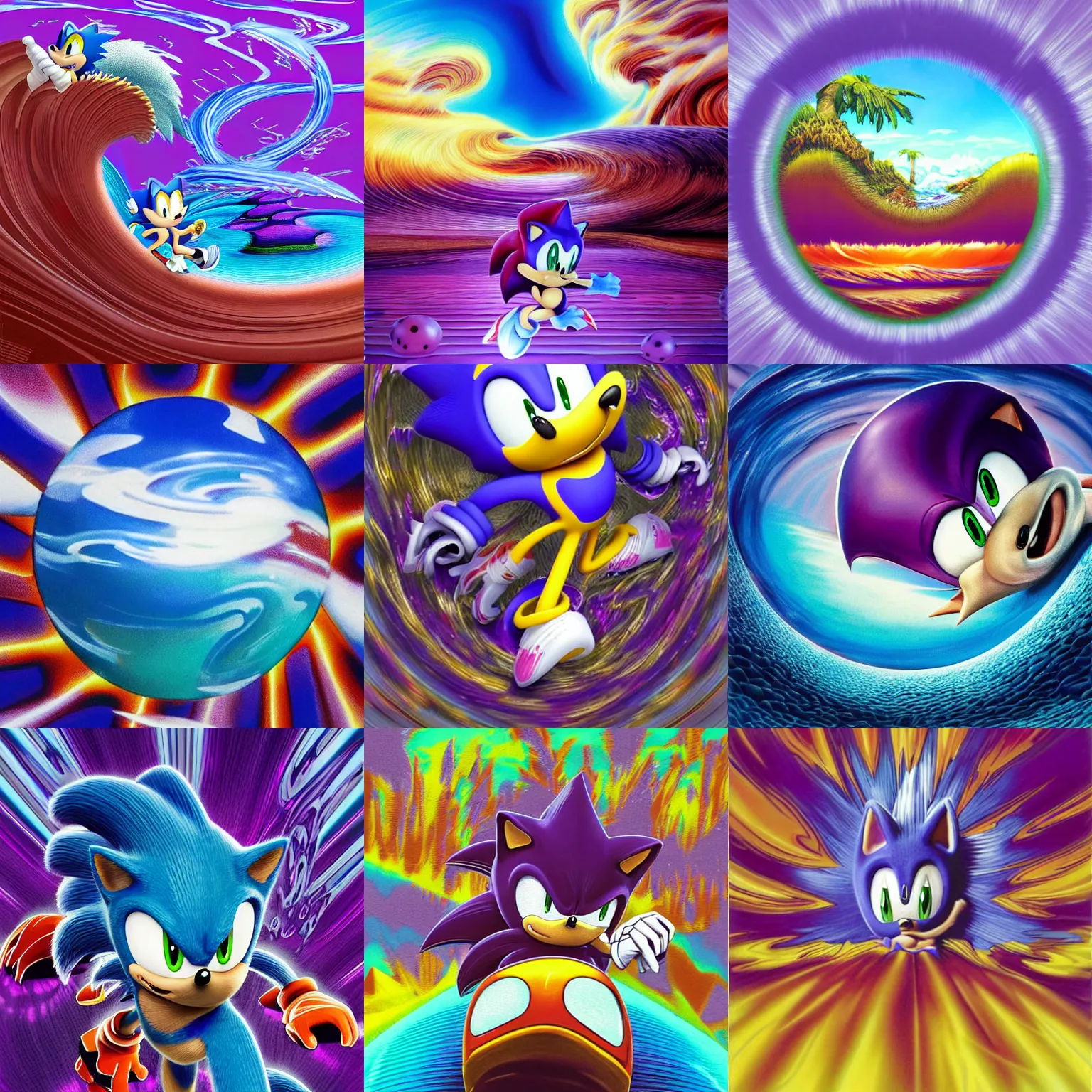Prompt: wave - reflected portrait of sonic hedgehog and a matte painting landscape of a surreal, sharp, detailed professional, soft pastels, high quality airbrush art album cover of a liquid dissolving airbrush art lsd dmt sonic the hedgehog swimming through cyberspace, purple checkerboard background, 1 9 9 0 s 1 9 9 2 sega genesis rareware video game album cover