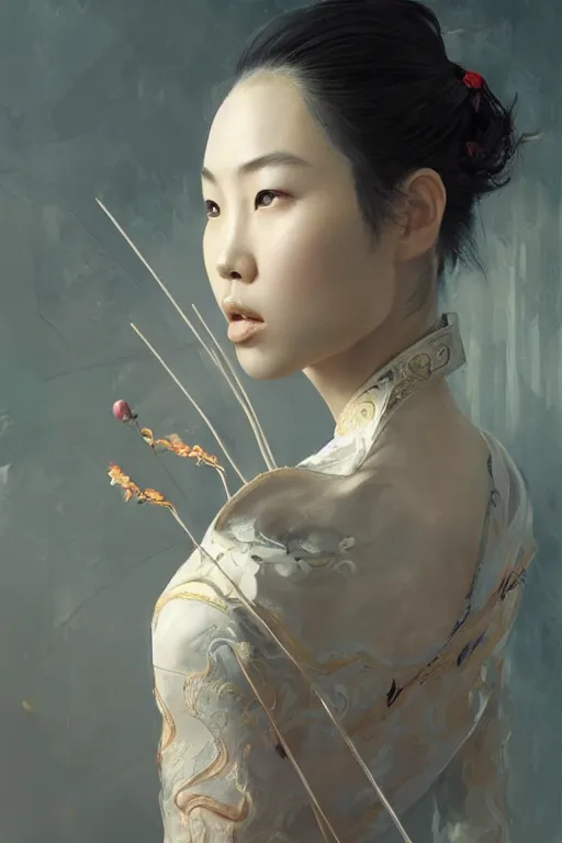 Image similar to a beautiful Chinese woman archer stares intently into the soul, beautiful bone structure, symmetrical facial features, intricate, elegant, digital painting, concept art, smooth, sharp focus, illustration by Ruan Jia and Mandy Jurgens and Artgerm and William-Adolphe Bouguerea