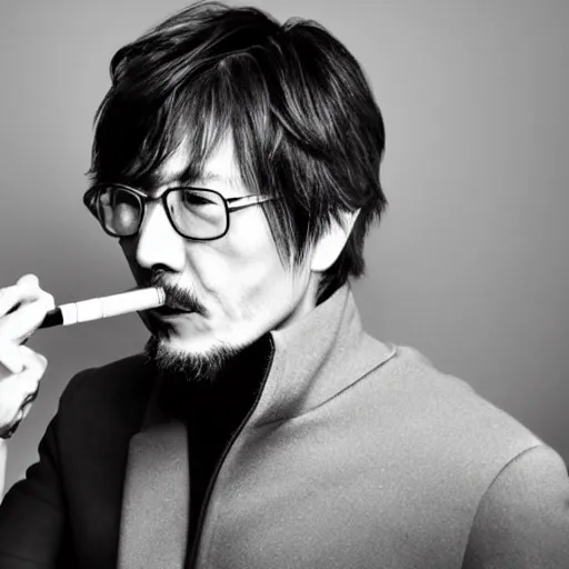 Prompt: photorealistc photograph of hideo kojima smoking a vape. black and white. intricate detail, volumetric smoke