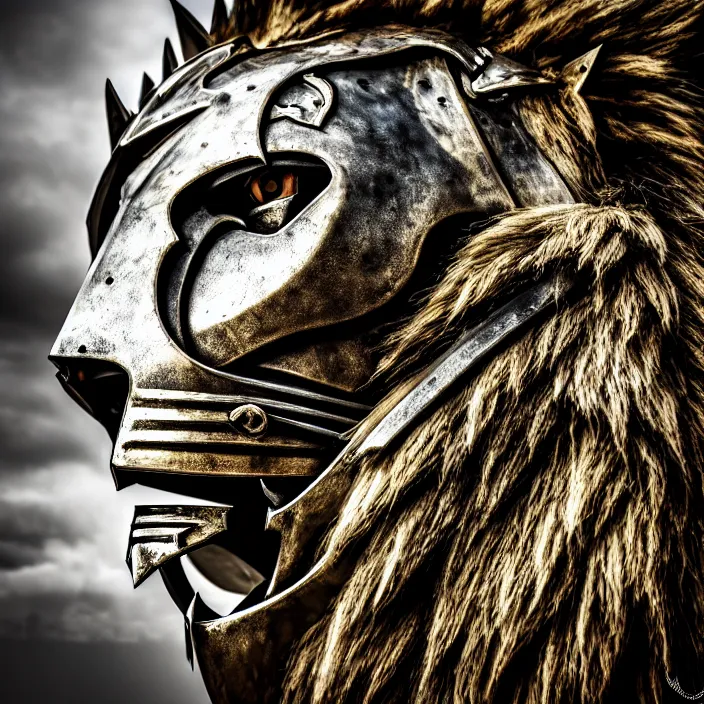 Image similar to photo of a warrior with metal lion themed armour, highly detailed, 4 k, hdr, smooth, sharp focus, high resolution, award - winning photo