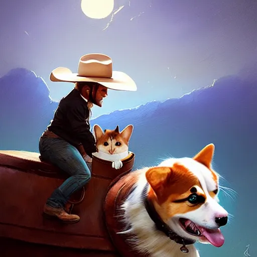 Image similar to tiny cat girl in cowboy hat riding on the back of a giant corgi by greg rutkowski