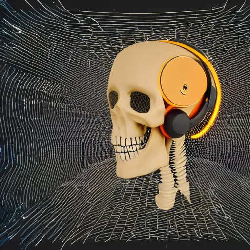 Image similar to skeleton with headphones playing synthesizers, honeycomb skull, lights, lasers, music, highly detailed, realistic, technology and magic,