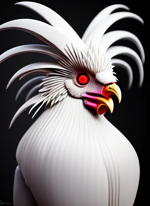 Image similar to hyper detailed ultra sharp portrait of a beautiful fashionable porcelain ivory cyberpunk scifi rooster, well contoured smooth colorful feathers, up close shot, sharp focus, global illumination, radiant light, black haute couture, alexandre ferra, irakli nadar, octane render, 4 k, ultra hd,