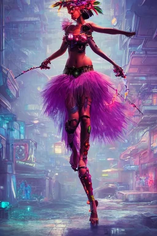 Image similar to An epic fantasy comic book style full body portrait painting of a very beautiful cyberpunk Hula Dancer, character design by Mark Ryden and Pixar and Hayao Miyazaki, unreal 5, DAZ, hyperrealistic, octane render, cosplay, RPG portrait, dynamic lighting, intricate detail, cinematic