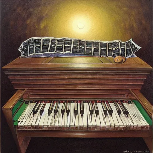 Prompt: a painting of a piano, a surrealist painting by jacek yerka, cgsociety, fantastic realism, surrealist, detailed painting